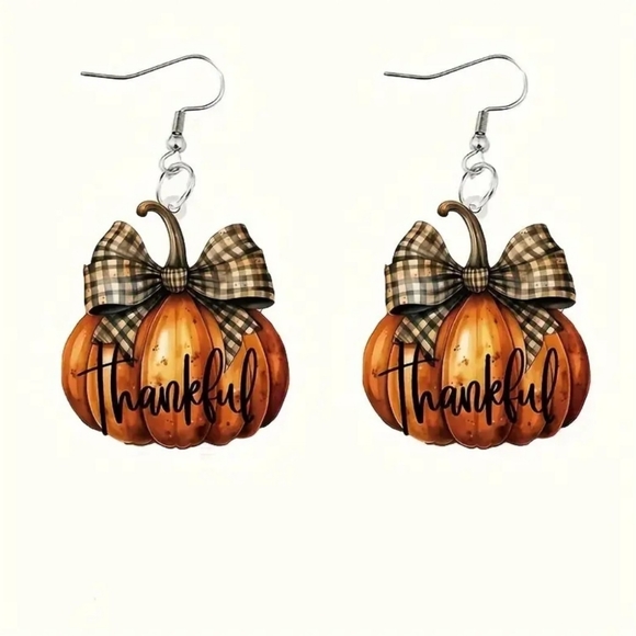 NEW Pumpkin Drop Acrylic Earrings With "Thankful" Written on Bottom - Picture 1 of 6